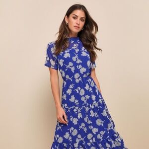Lulus Floral Dressed Up Royal Blue Floral Print Midi Dress - Size S
